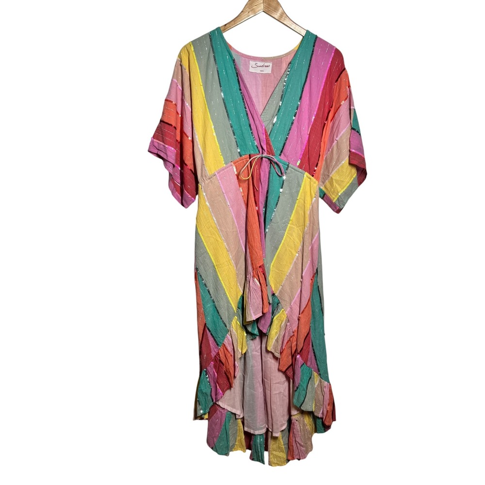 Sundress Rainbow Sequin High Low Maxi Dress XS S V-Neck Ruffle Striped Kimono